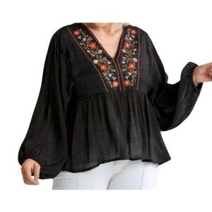 Umgee Blouse Women 2XL Floral Embroidered Peasant Top Vneck Balloon Sleeve Black